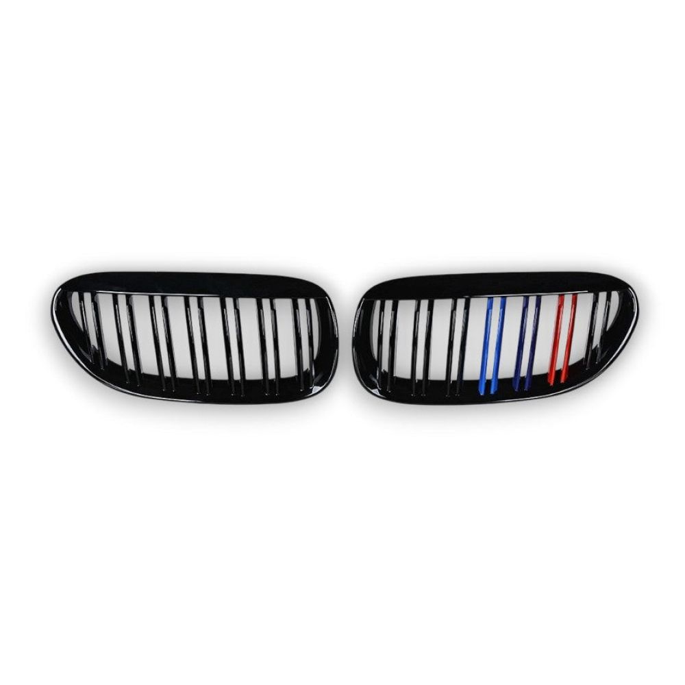 2005-2010 BMW 6-Series/M6 Dual Slat Kidney Grilles | E63/E64 Gloss Black with M Stripe Kidney Grilles